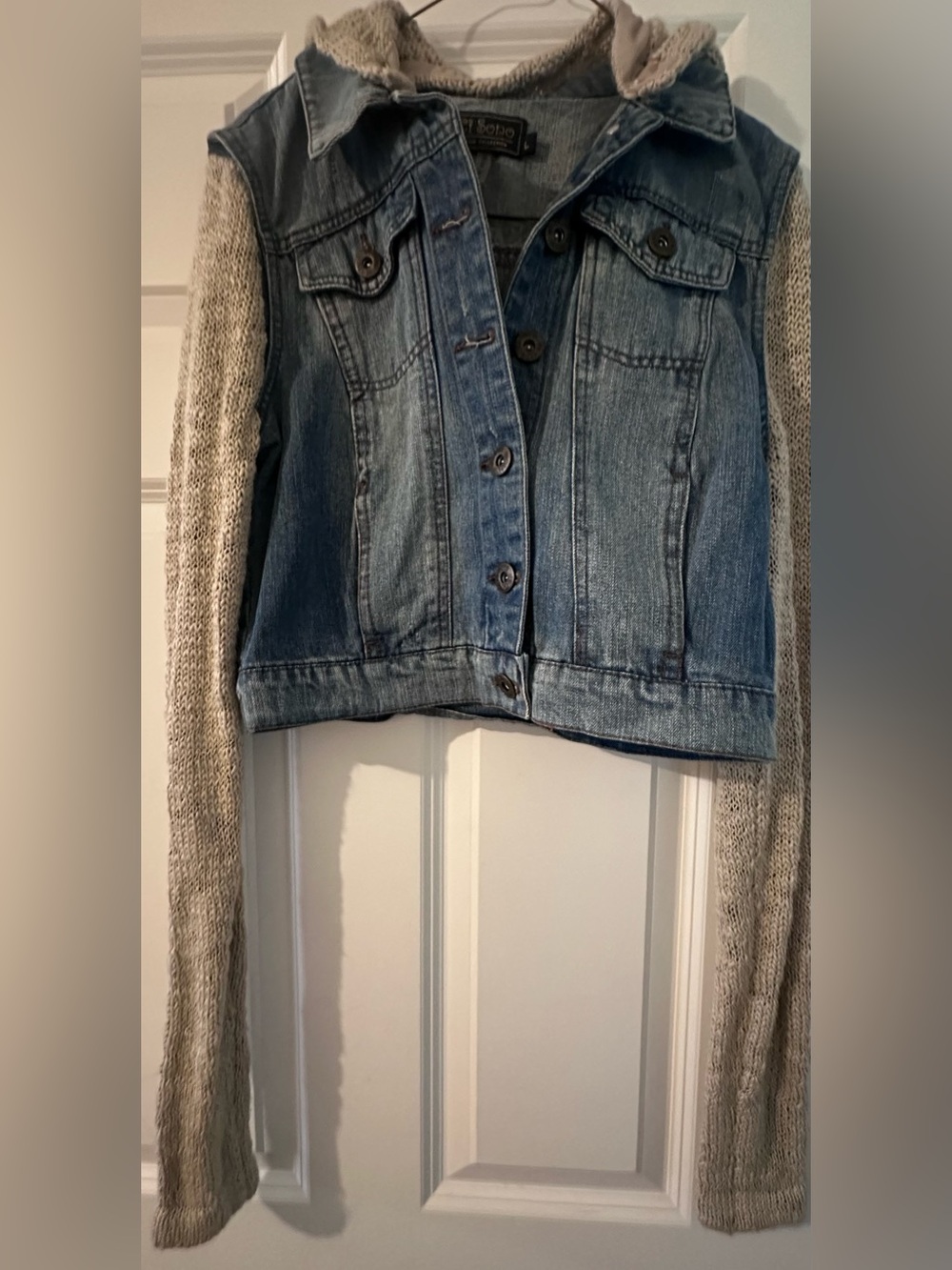 Blue Denim Jacket with Cream Knit Sleeves